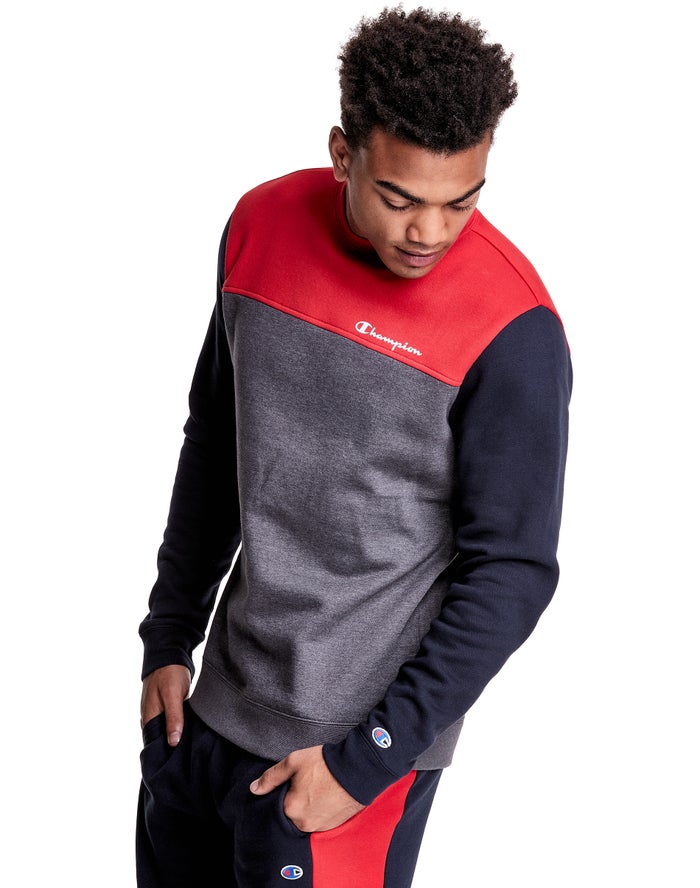 Champion Sweatshirt Heren - Grijs/Rood - Colorblock Fleece Crew ( 468329-VPM )